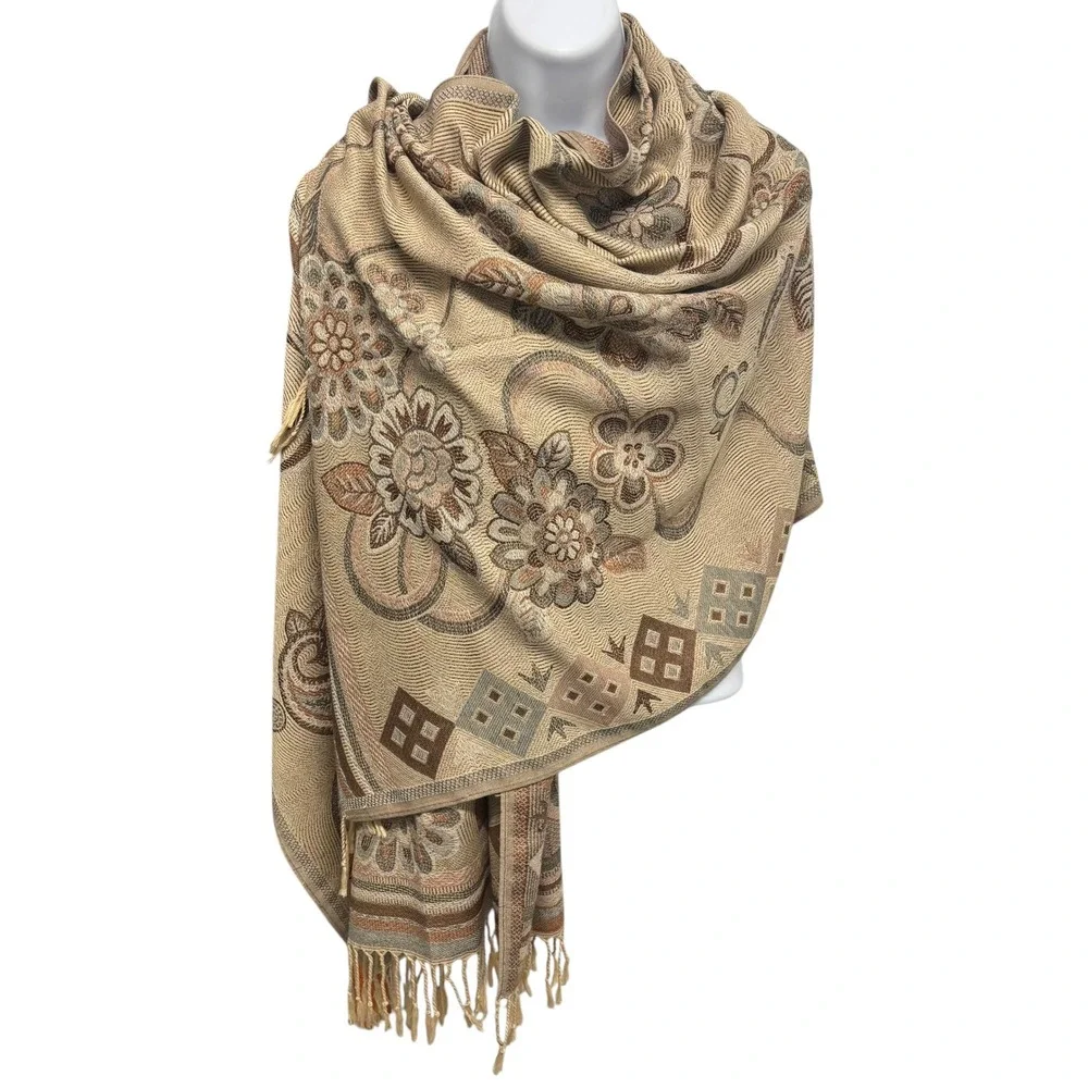 Tan Floral Paisley Jacquard Pashmina Wrap Scarf‎ Fringe Bohemian Shawl 70x26